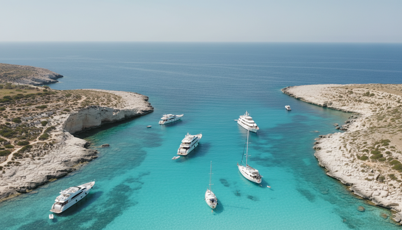 Atemberaubende Luftaufnahme der Blue Lagoon Comino mit kristallklarem türkisblauem Wasser und mehreren Luxusjachten.