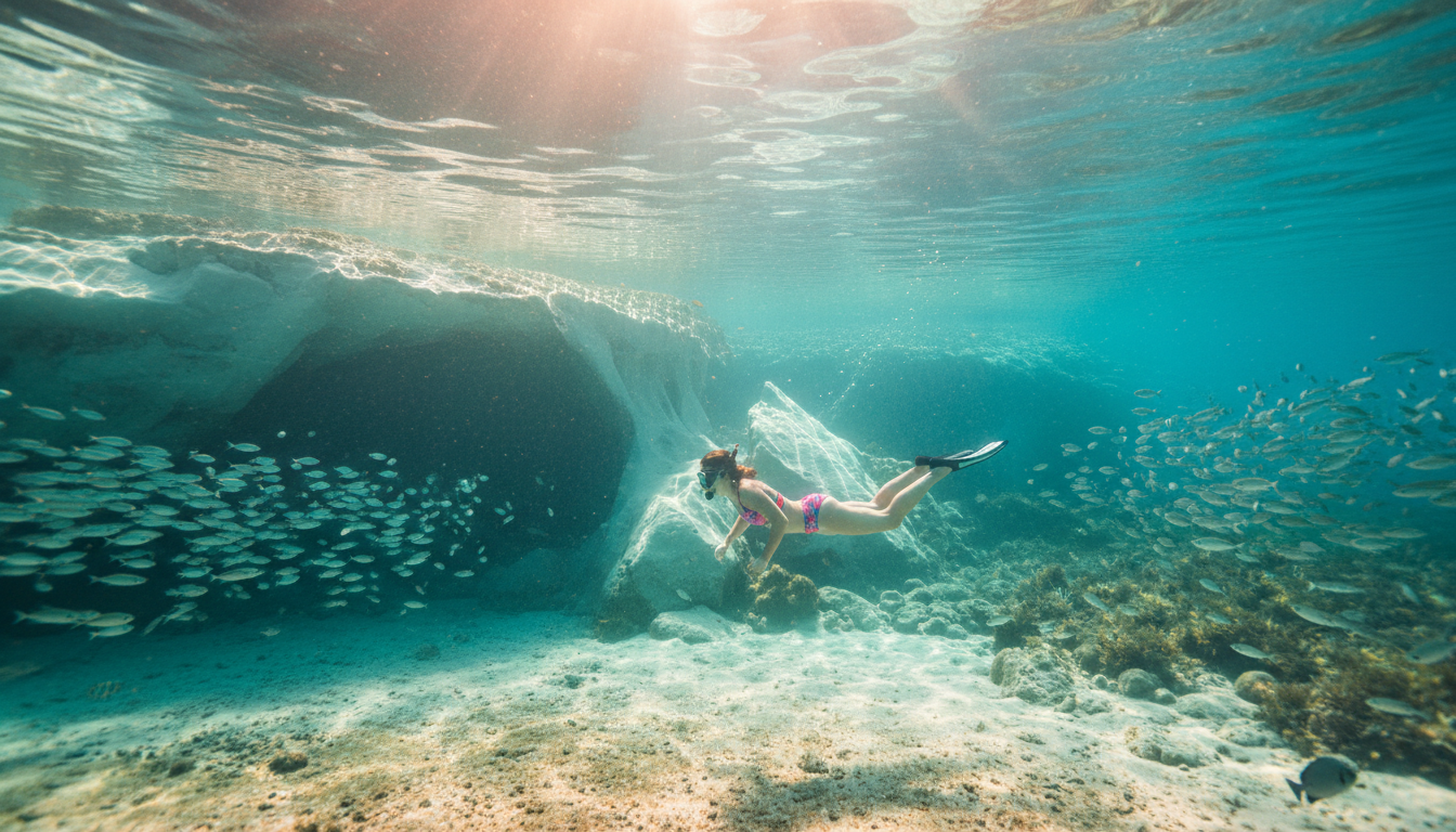Snorkeler in Blue Lagoon Comino erkundet türkise Unterwasserfelsen mit bunten Fischen