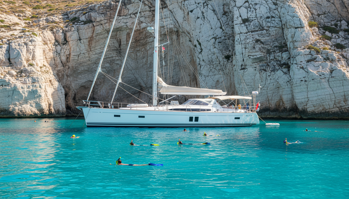 Yacht ankert in kristallklarer Blue Lagoon Comino, Schwimmer und Schnorchler im tuerkisfarbenen Wasser, weisse Klippen.