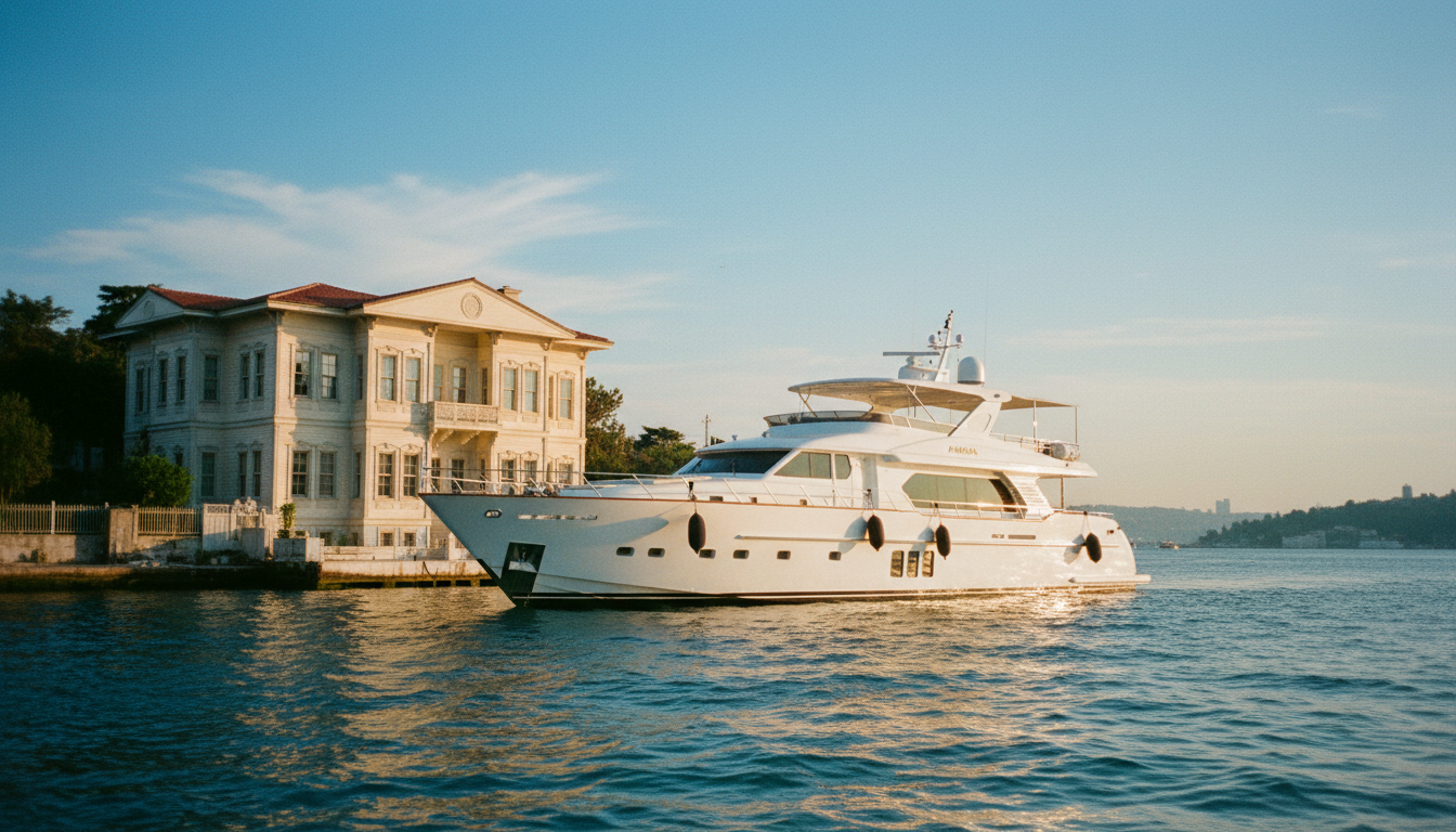 Bosporus Bootstour: Luxusyacht vor historischen Yali Luxusyacht in ruhiger Bucht, bosporus bootstour vor historischem osmanischem Yali, türkisblaues Wasser und klarem Himmel