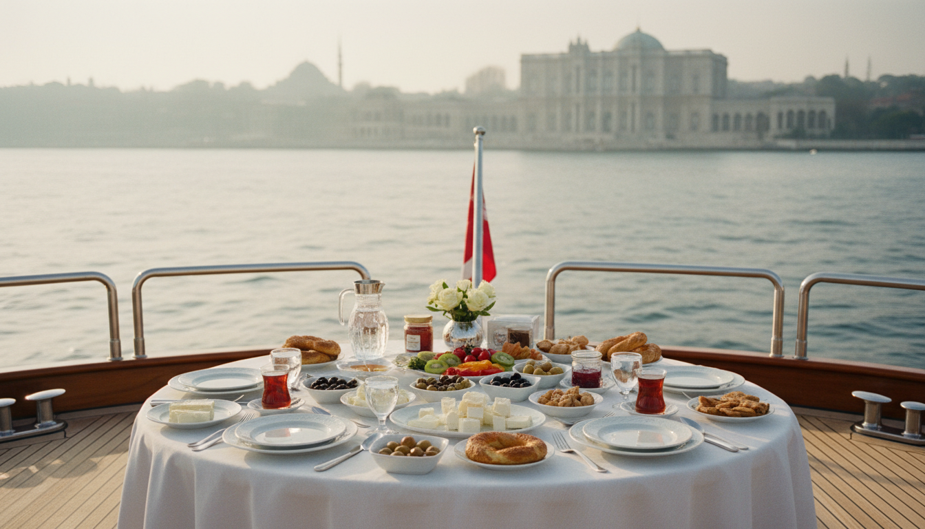 Luxuriöses Yachtdeck auf dem Bosporus mit türkischem Frühstück und Dolmabahce-Palast im Morgenlicht.
