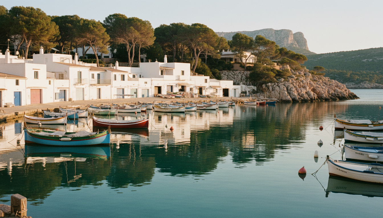 Traditionelle weiße Bootshäuser in Cala Figuera, bunte Fischerboote und türkisfarbenes Wasser im warmen Abendlicht