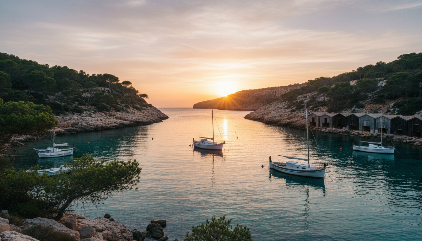 Cala Figuera bei Sonnenuntergang, Boote und Bootshäuser als Silhouetten, goldenes Licht auf ruhigem Meer.