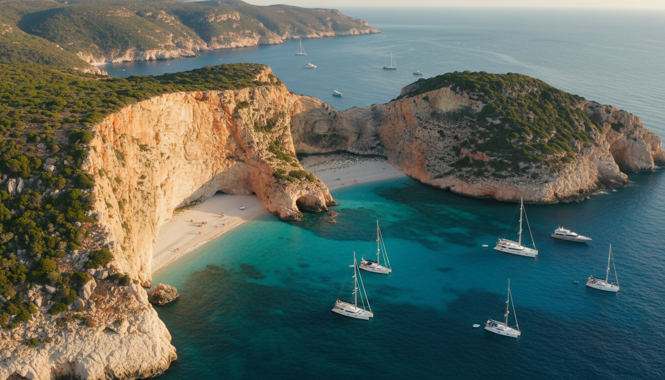 Drohnenaufnahme von Cala Luna Sardinien mit türkisfarbenem Wasser, weißem Kieselstrand, Kalkklippen und Yachten.