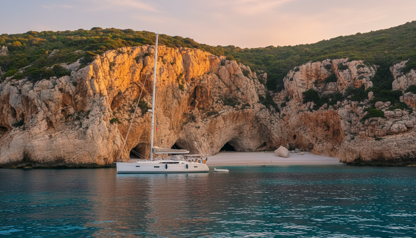 Sonnenuntergang über Cala Luna Sardinien: Luxusyacht in türkisblauem Wasser vor leuchtenden Kalkklippen