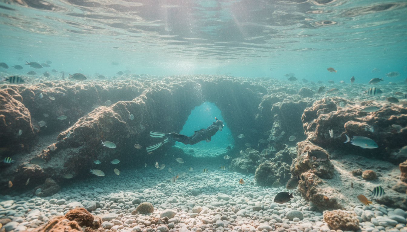 Schwimmender Schnorchler in Cala Luna Sardinien vor Felsformationen, bunten Fischen und kristallklarem, türkisfarbenem Wasser