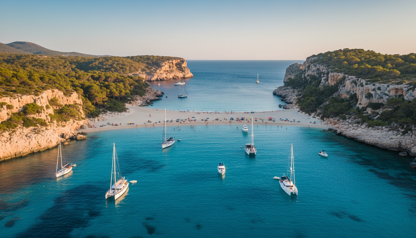 Cala Saladeta: Drohnenfoto mit Yachten und Strand Drohnenaufnahme von Cala Saladeta: türkisfarbenes Wasser, weiße Sandbucht, mehrere Yachten und Pinienwald
