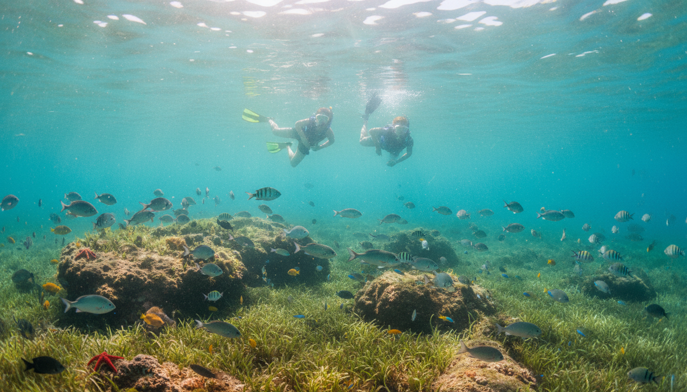 Cala Saladeta: Schnorcheln in türkisblauem Meer Snorkelnde Menschen erkunden klares, türkisfarbenes Wasser und bunte Fische bei Cala Saladeta, Unterwasseraufnahme.