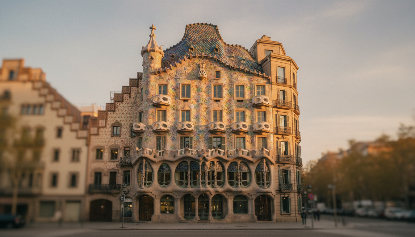 Casa Battló: Bunte Fassade in Barcelona. Casa Battló Fassade bei Goldener Stunde: bunte Mosaikfliesen, geschwungene Balkone, touristfreie Perspektive, hohe Auflösung.