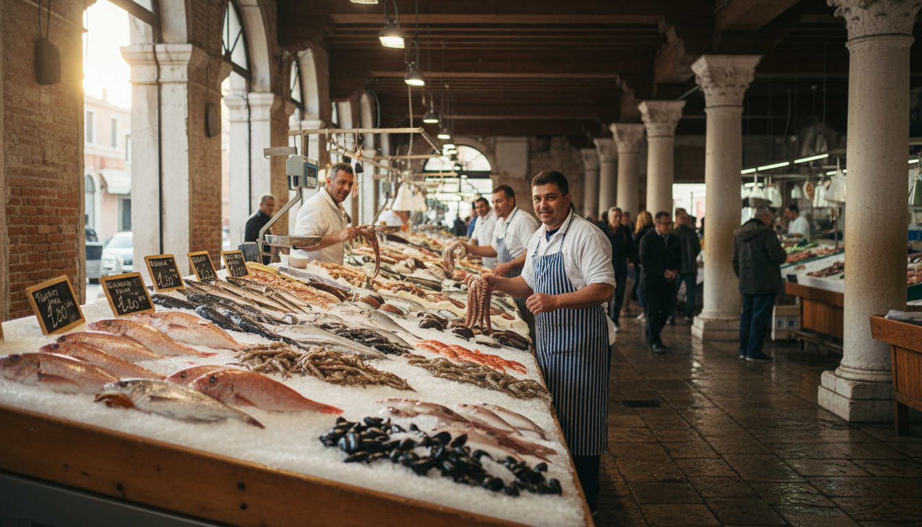 Innenaufnahme des traditionellen Fischmarkts in Chioggia mit frischem Meeresfang auf Eis, Verkäufern und warmem Morgenlicht.
