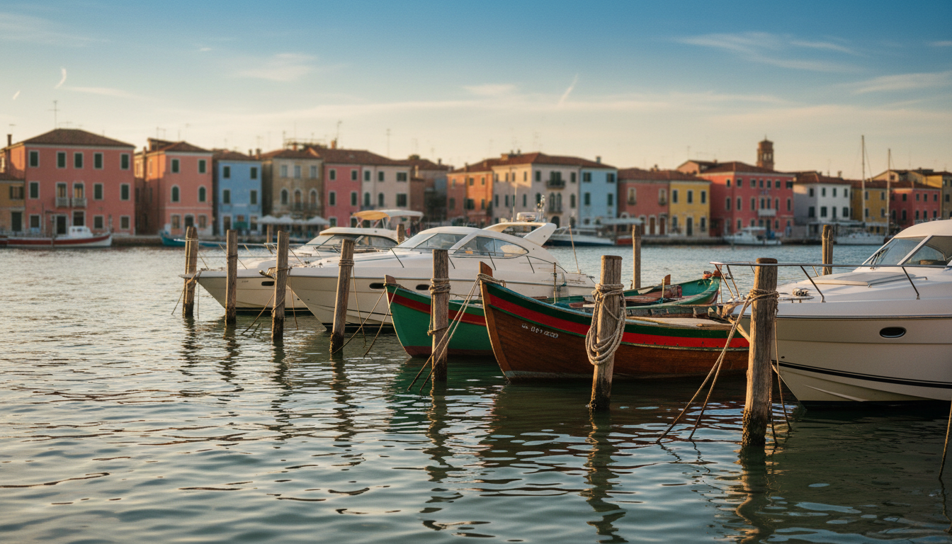 Chioggia Hafen mit bunten Fischerbooten und Yachten vor historischen Gebaeuden mit Terrakotta-Daechern im Goldlicht.