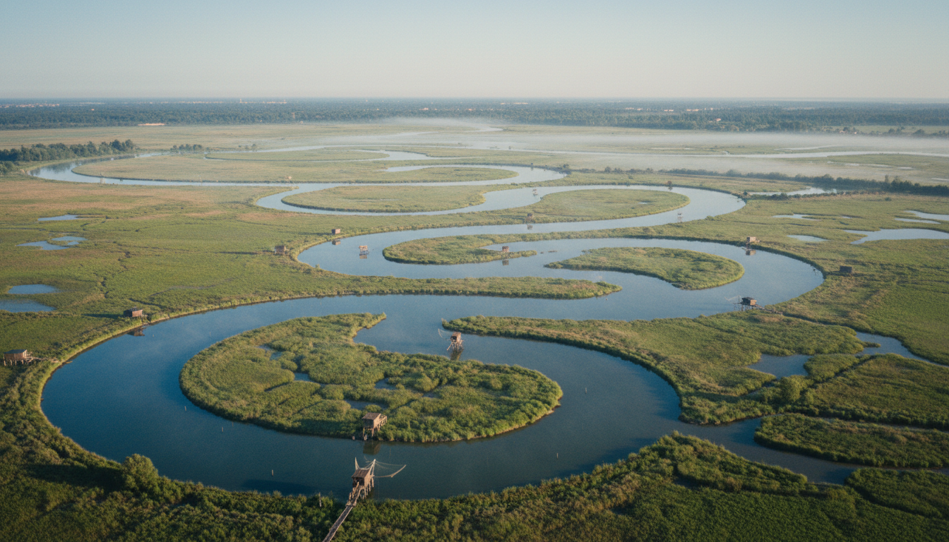 Luftaufnahme des Po-Deltas bei Chioggia: geschwungene Wasserläufe, grüne Marschen und Holzfischerhütten im Morgennebel