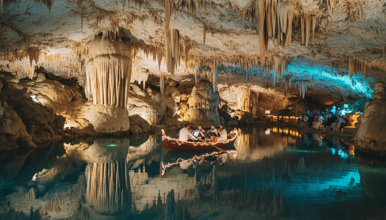 Blick in Coves del Drac: Gold- und Blaulicht auf Stalaktiten, Stalagmiten und den spiegelnden Lake Martel mit Konzertboot
