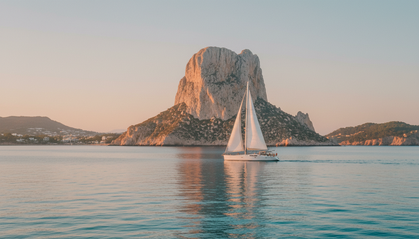 Es Vedra Felsinsel - Luxusyacht im goldenen Abend Luxusyacht segelt bei Sonnenuntergang vor der Es Vedra Felsinsel, dramatische Klippen und türkisfarbenes Mittelmeer.