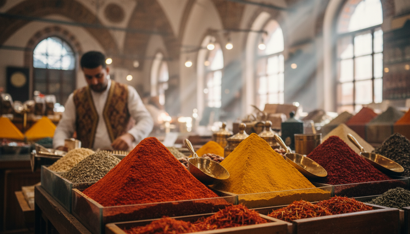 Farbenprächtige türkische Gewürze in Holzkisten im gewürzbasar istanbul, Händler im Hintergrund.