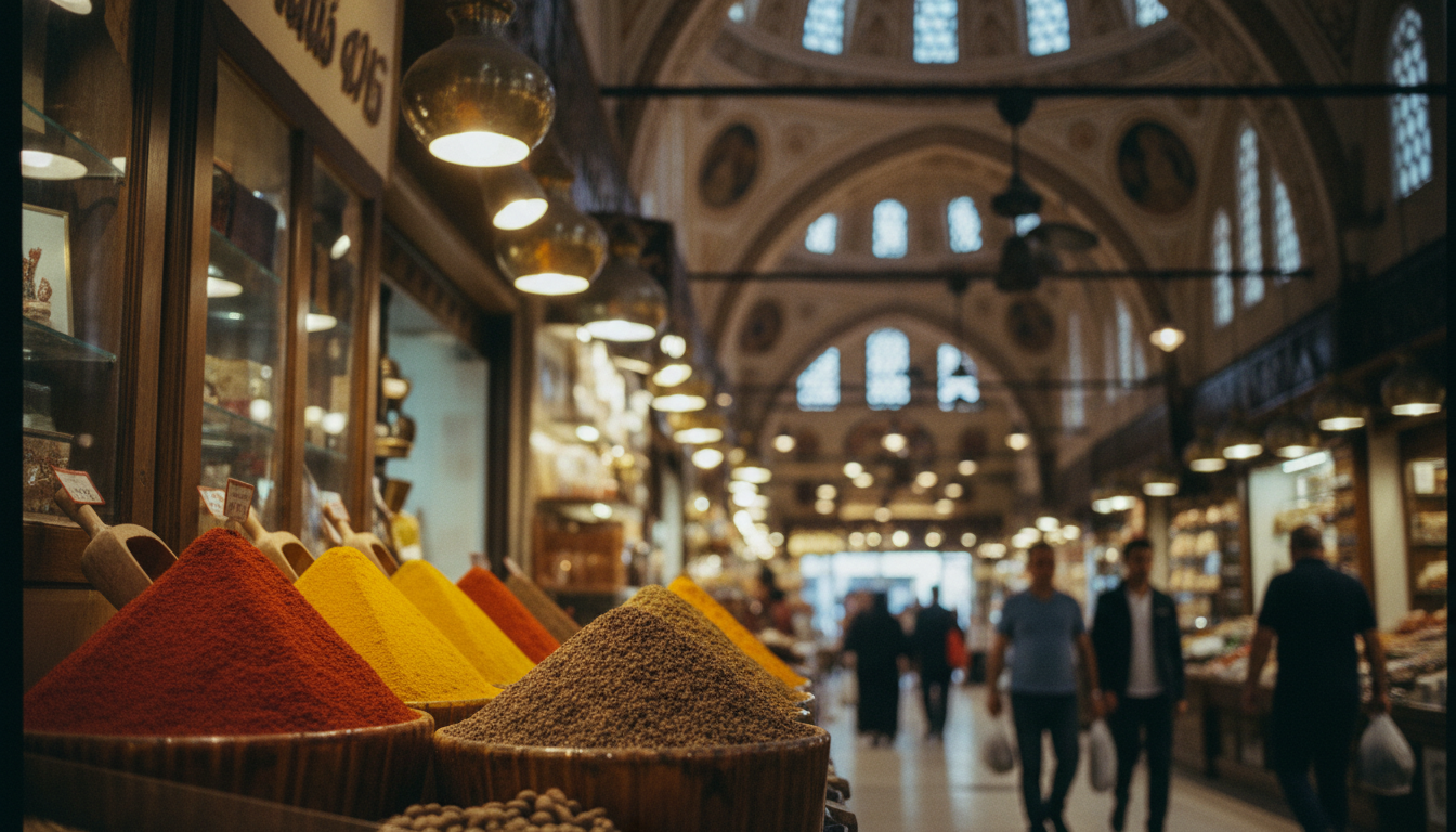 Atmosphärische Innenaufnahme des gewürzbasar istanbul mit bunten Gewürzpyramiden, Gewölben und Besuchern