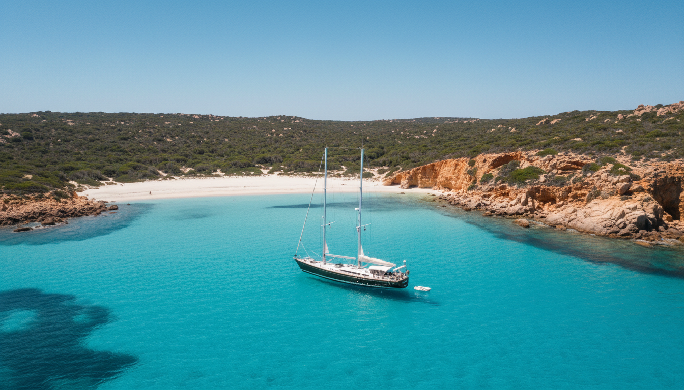 Vogelperspektive: Luxusyacht ankert in kristallklarem Wasser bei Golfo Aranci, weiße Sandbucht