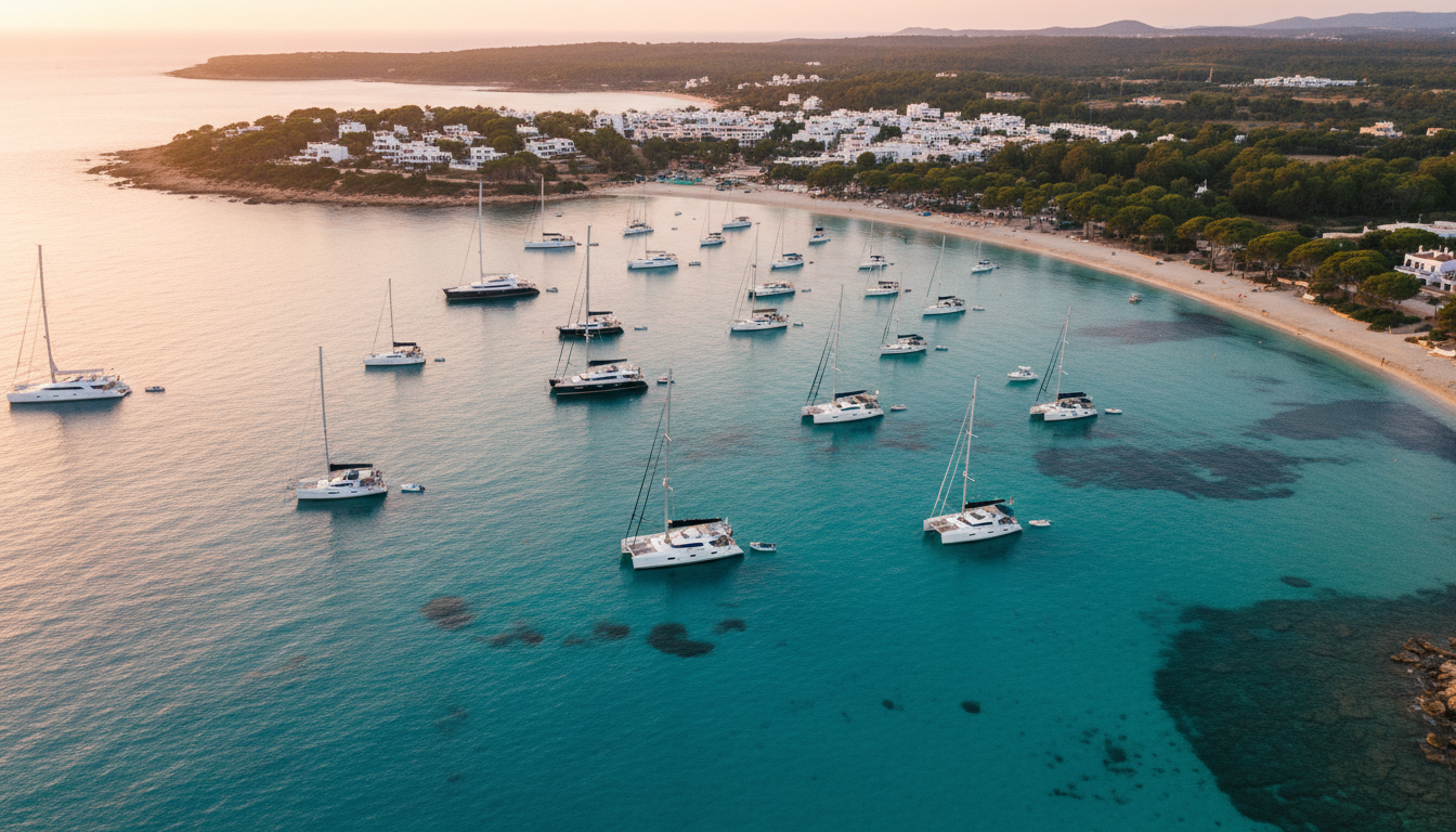 Hippiemarkt Es Canar: Luftaufnahme Bucht & Yachten Drohnenfoto der Bucht von Es Canar mit Segelyachten, türkisblauem Wasser und Sandstrand beim hippiemarkt es canar