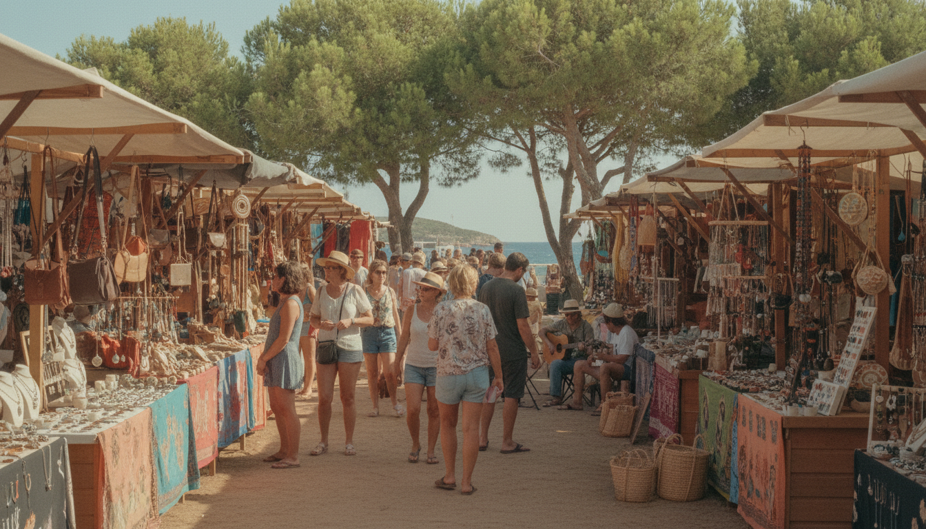 Bunter Hippiemarkt Es Canar – Punta Arabi, Ibiza Bunter Hippiemarkt Es Canar in Punta Arabi, Ibiza: Marktstände mit handgemachtem Schmuck, Textilien und Besuchern unter Pinien.