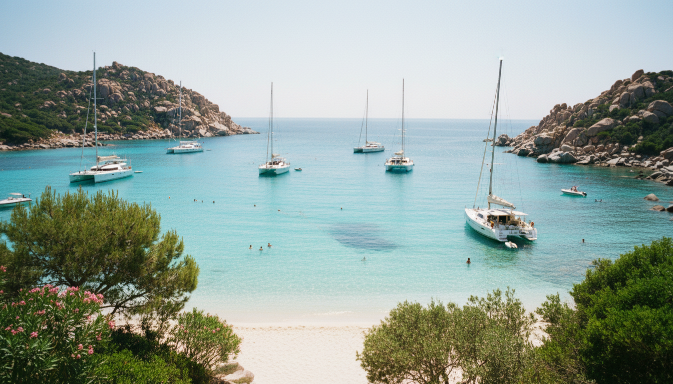 Insel Elba: Türkise Bucht mit Luxus-Yachten Insel Elba: Türkise, kristallklare Bucht mit Luxus-Yachten, Sandstrand, Granitfelsen und Schnorchlern, Luftaufnahme