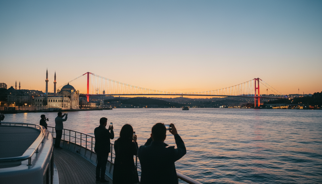 Illuminierte Bosporus-Brücke vom Yachtdeck bei Dämmerung, historische Ufer und Touristen – ideal für Istanbul tourist pass.