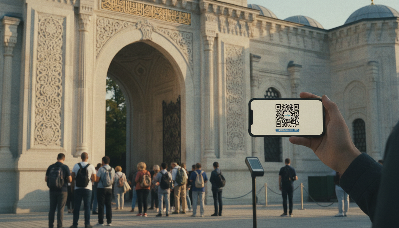 Tourist zeigt Istanbul Tourist Pass QR-Code am Eingang eines osmanischen Palastes, Schlange von Besuchern im Morgenlicht.