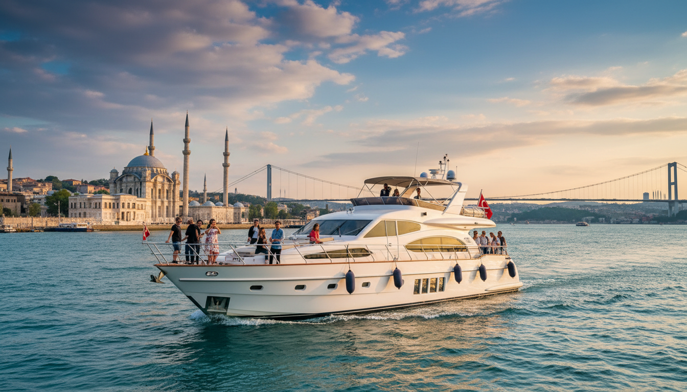 Weiße Luxusyacht kreuzt den Bosporus bei Golden Hour, Touristen genießen die Aussicht – ideal für den Istanbul Tourist Pass.