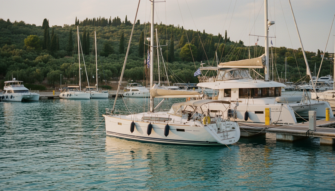 Korfu yacht in Gouvia Marina: Segelyachten und Katamarane im goldenen Abendlicht, klares Ionisches Meer, grüne Hügel