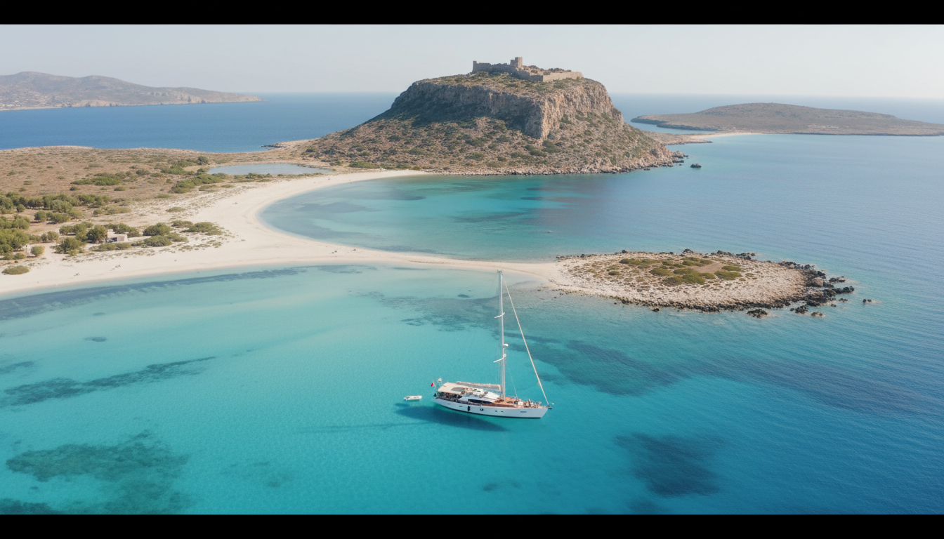 Luftaufnahme der Balos-Lagune: türkisflaches Wasser, weißer Strand, Luxusjacht vor Gramvousa – kreta urlaub, Drohnenfoto.