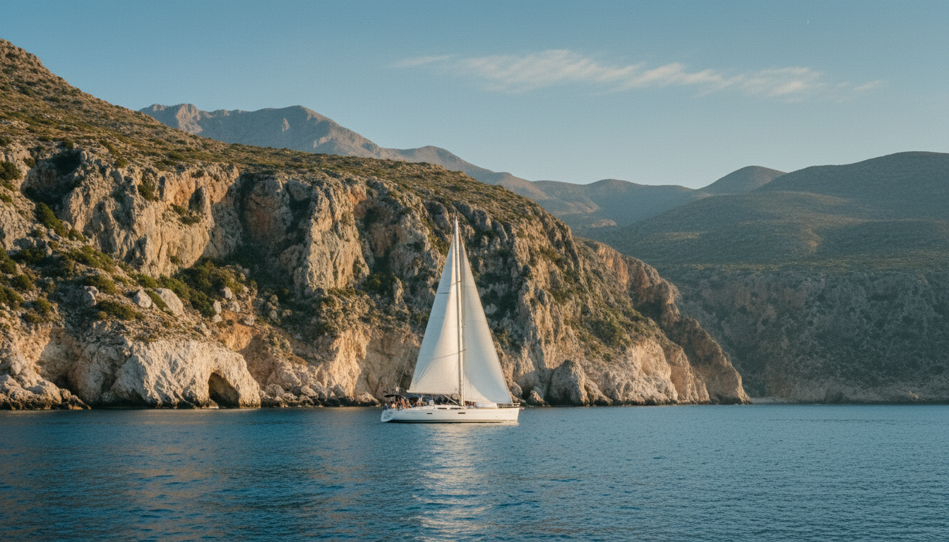 Weiße Segelyacht segelt an der südlichen Küste Kretas vorbei, dramatische Klippen und türkisfarbenes Wasser — kreta urlaub