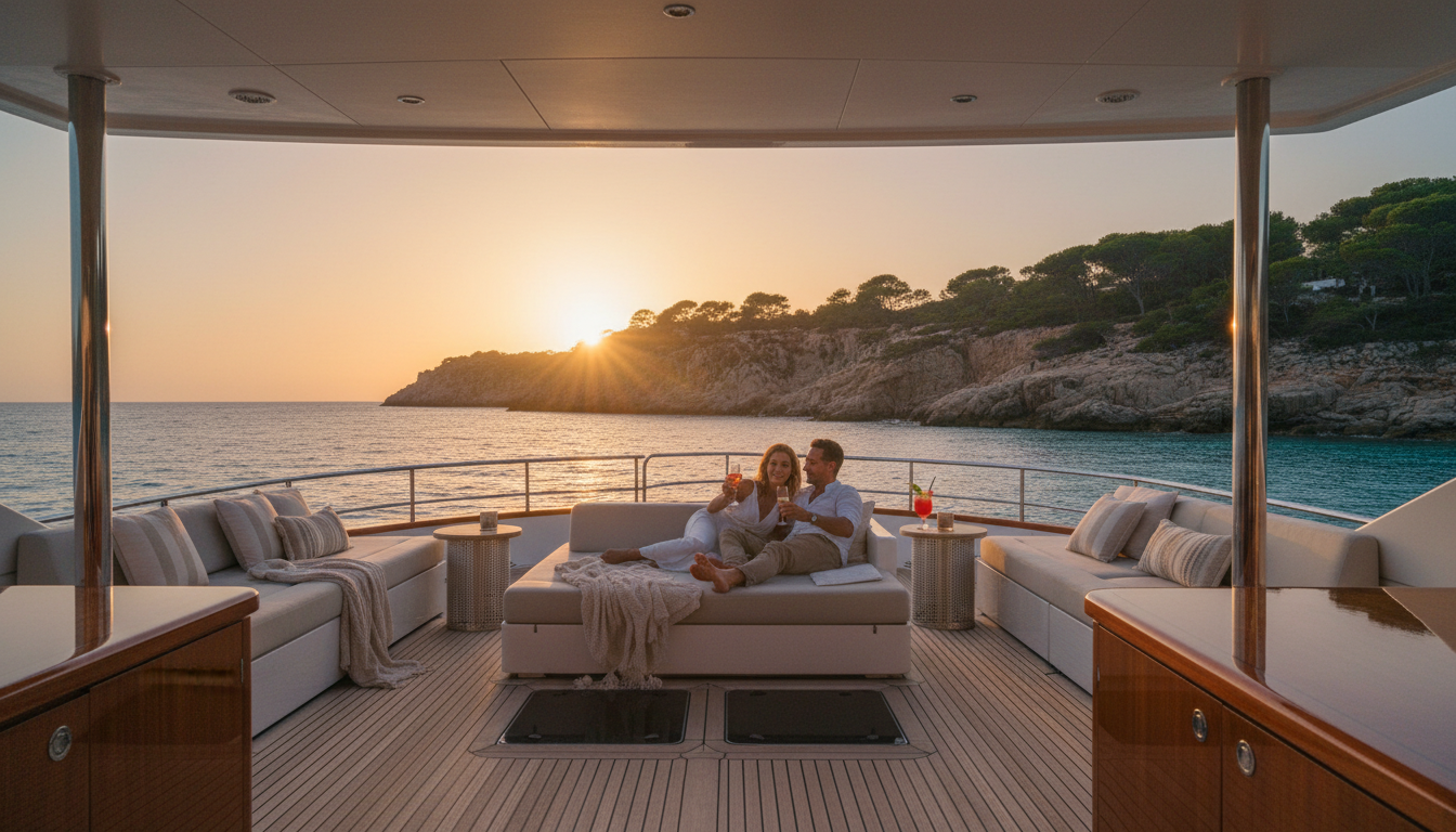 Kurztrip Ibiza: Paar entspannt auf Yachtdeck bei goldenem Sonnenuntergang über ruhigem türkisfarbenem Wasser