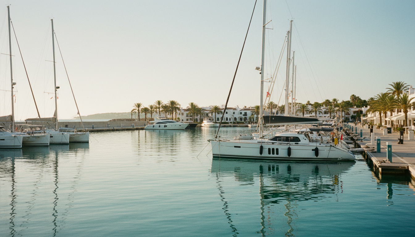 kurztrip ibiza: Yachtmarina bei Sonnenaufgang mit Segelyachten, Katamaranen, klarem blauem Wasser und mediterraner Architektur.