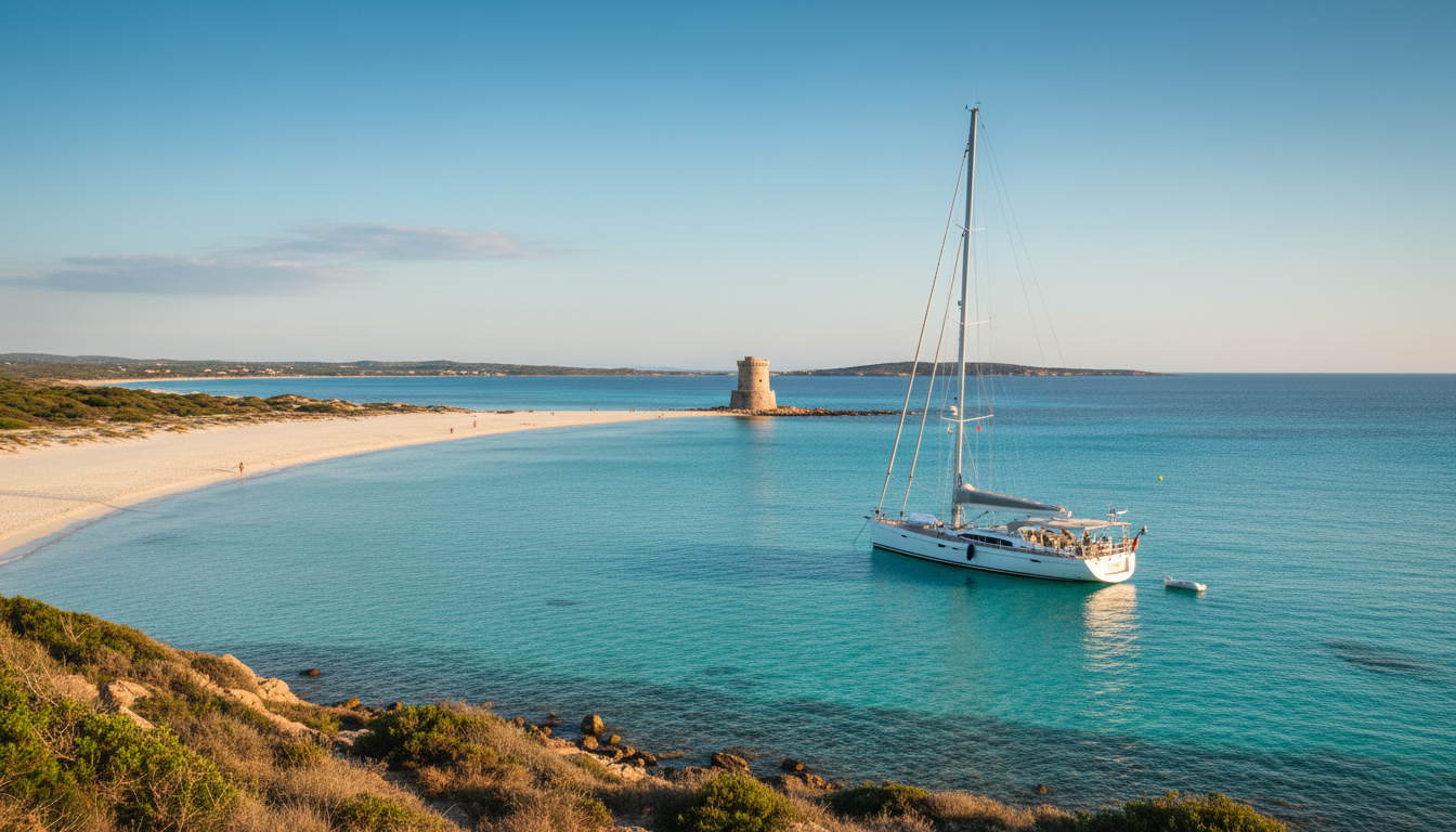 La Pelosa: Luxus-Segelyacht in türkisfarbener Bucht La Pelosa: Luxuriöse Segelyacht ankert in türkisfarbener Bucht vor Torre della Pelosa