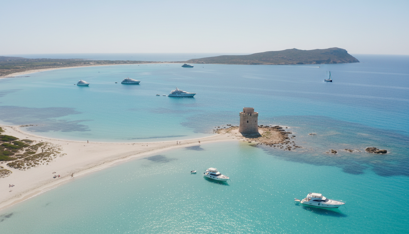 la pelosa: Traumstrand in Sardinien aus der Luft Drohnenfoto von la pelosa, Sardinien: türkisflaches Wasser, weißer Sand, Torre della Pelosa und Anker-Yachten
