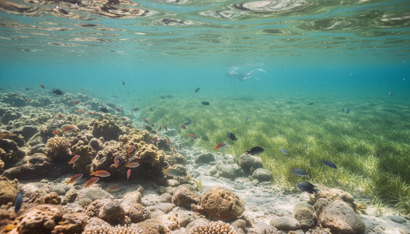 La Pelosa: Unterwasserparadies mit bunten Fischen Unterwasserfoto bei La Pelosa mit kristallklarem Türkis, bunten Fischen, Seegras und Schnorchler