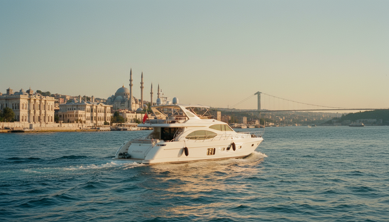 Luxusyacht mit Sonnendeck segelt klar übers Wasser des bosporus, Istanbul-Skyline und osmanische Paläste im goldenen Licht.