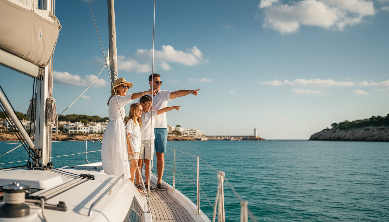 Glückliche Familie auf Luxusyacht vor den coves del drac bei Porto Cristo, strahlend blaues Meer und Sonne.