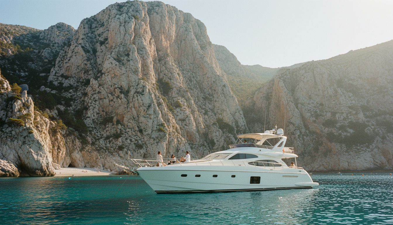 Luxusyacht in türkisblauem Wasser vor Sa Calobra, dramatische Tramuntana-Klippen und Schlucht Torrent de Pareis im Hintergrund.