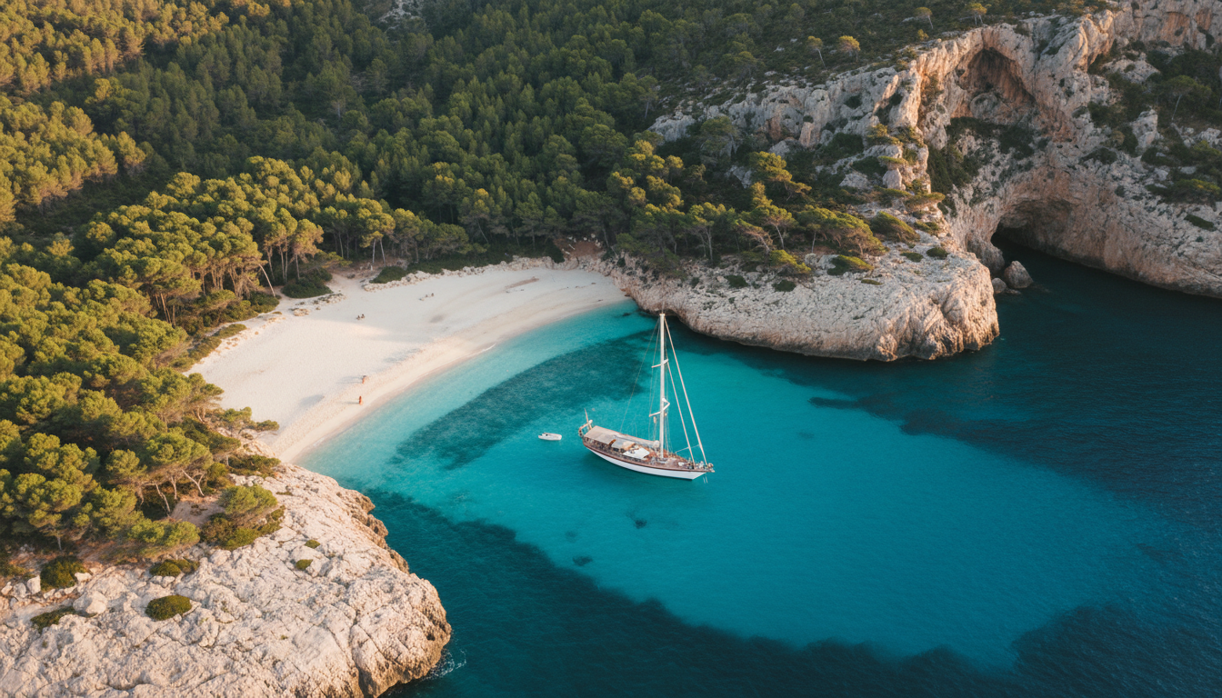 Atemberaubende Luftaufnahme einer Mallorca Bootstour: Segelyacht in türkisfarbener Bucht, weiße Sandbank und Pinien.