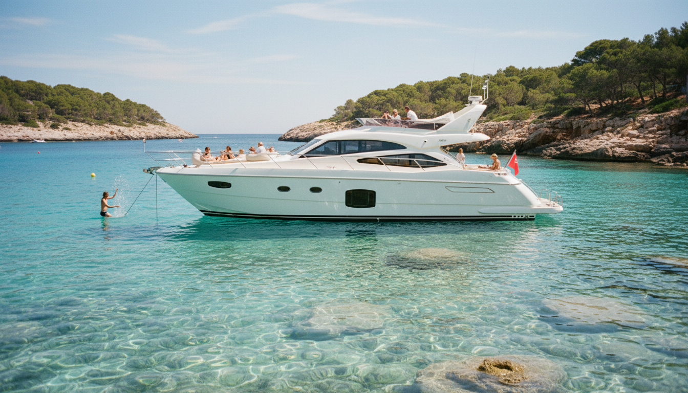Mallorca Bootstour: Luxusyacht ankert in abgelegener türkisblauer Bucht, Gäste relaxen auf dem Sundeck, klares Wasser.