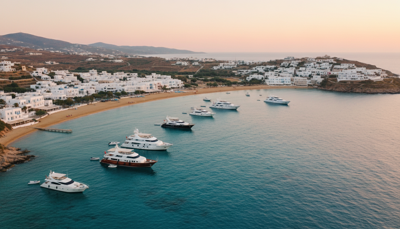 Luftaufnahme Mykonos Strände: Luxusjachten in geschützter, türkis-klarer Bucht im goldenen Licht des Sonnenuntergangs
