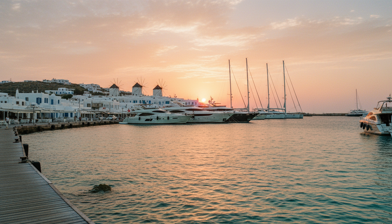 Luxusyachten in der Marina bei goldenem Sonnenuntergang, traditionelle Häuser und mykonos strände im Hintergrund