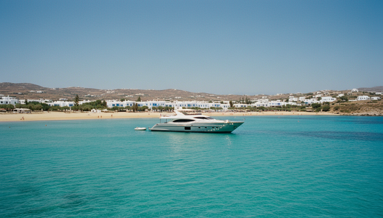 Luxusyacht in türkisklarem Wasser vor goldenem Strand – Blick auf Mykonos Strände und weiße Häuser.