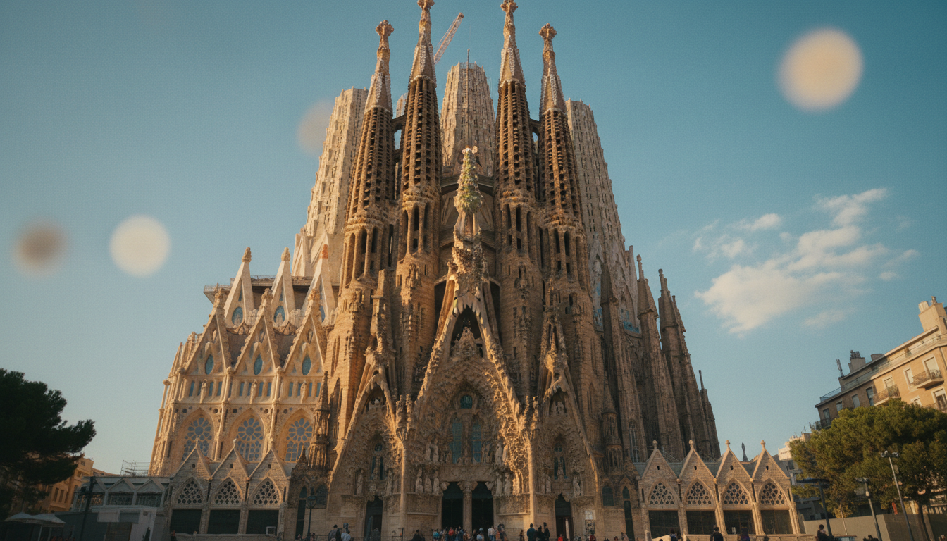 Sagrada Familia in goldenem Abendlicht, dramatische Aufsicht; Reisefoto mit Hinweis auf Park Güell Barcelona.