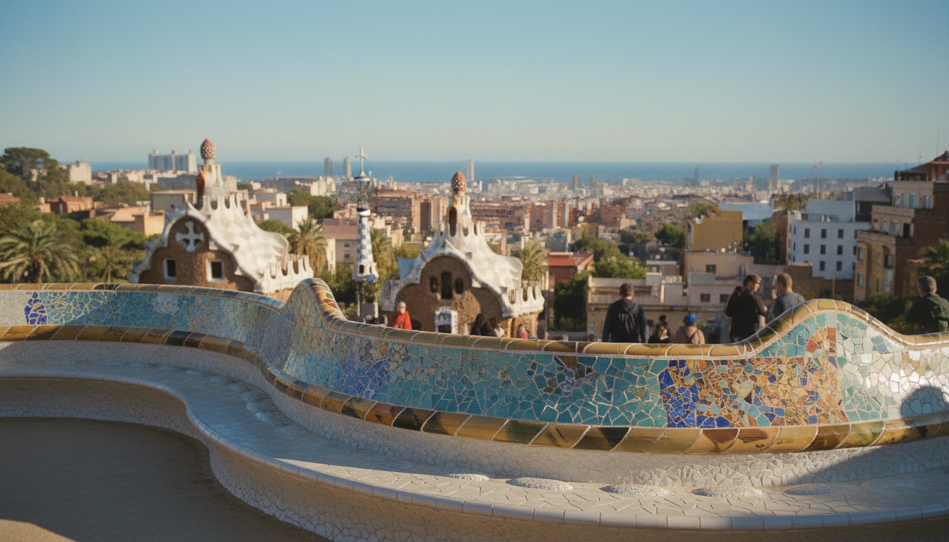 Professionelle Architekturaufnahme von Park Güell Barcelona, bunte Mosaikbank mit Panorama und mediterranem Licht