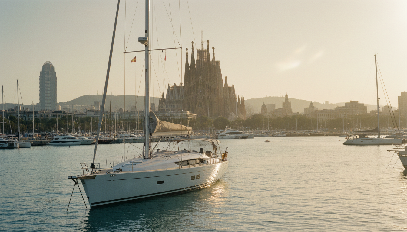 Luxusyacht im Hafen von Barcelona mit Sagrada Familia im Hintergrund; Park Güell Barcelona in weiter Ferne, warmes Abendlicht