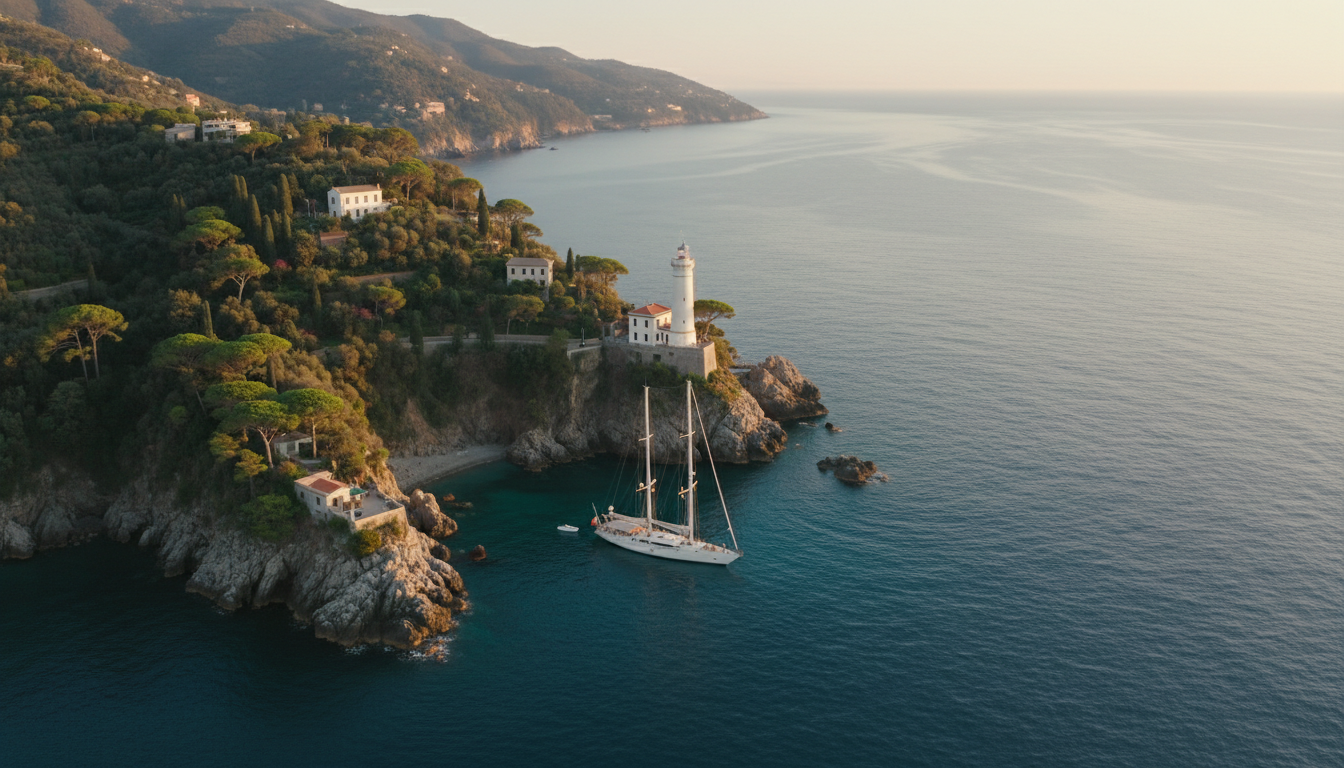Portofino Leuchtturm: Drohnenfoto bei Goldstunde Luftaufnahme vom Portofino Leuchtturm auf felsiger Landzunge, Luxus-Segelyacht in türkisfarbener Bucht bei Goldstunde