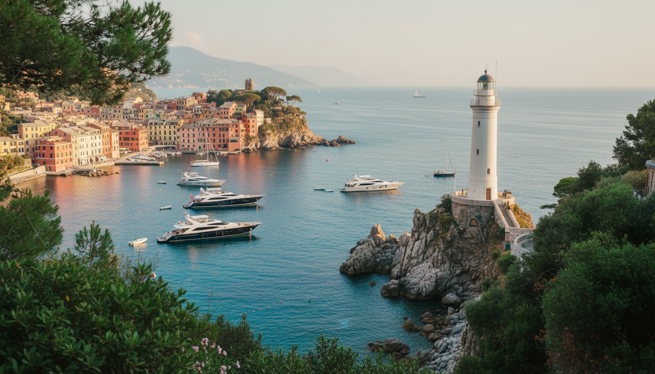 Portofino Leuchtturm: goldene Stunde über dem Meer Portofino Leuchtturm auf Klippe bei Goldstunde, Blick auf türkisfarbene Bucht und Yachten