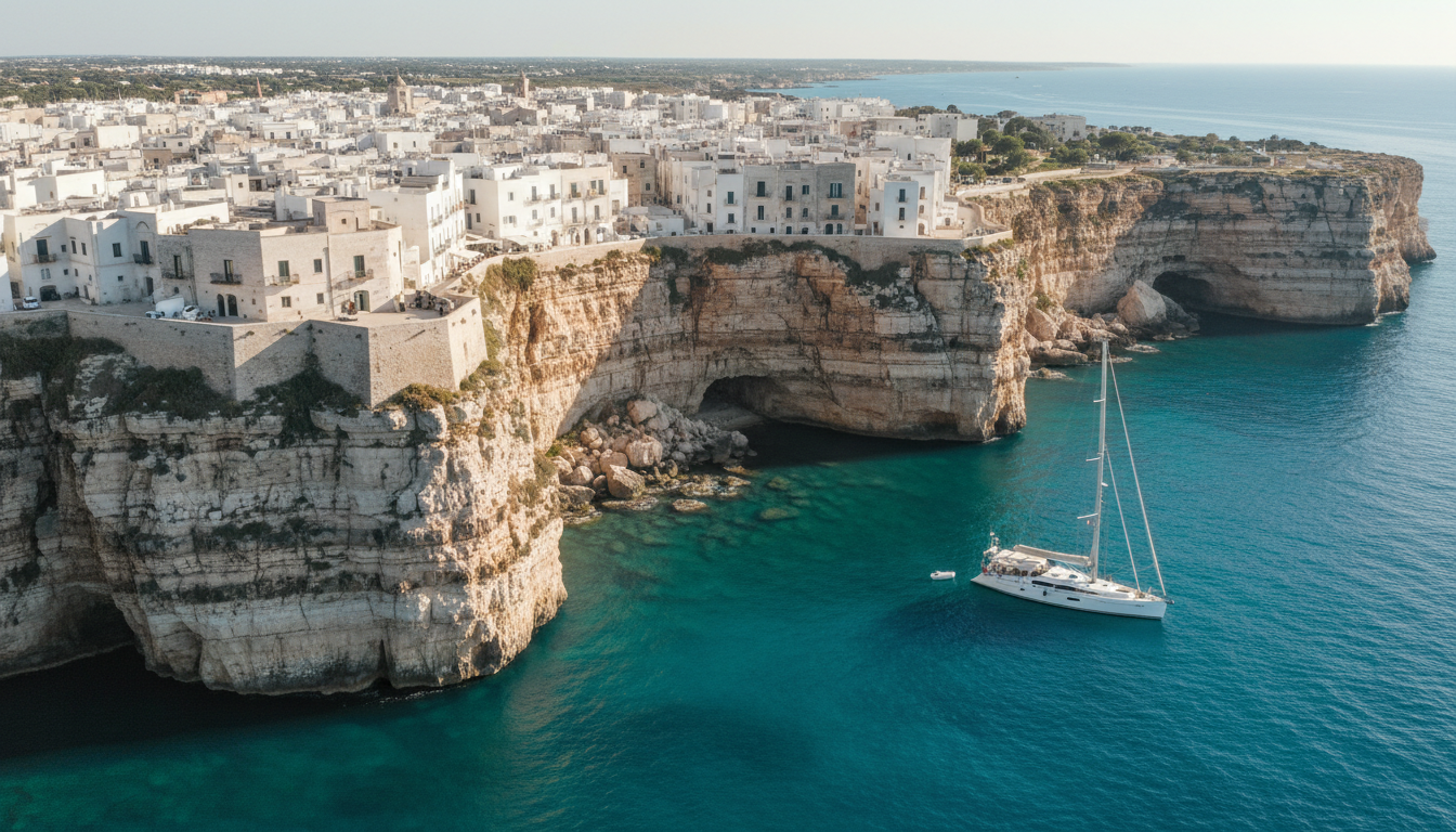 Luftaufnahme von pplignano a mare: weiße Häuser auf Kalkklippen, türkisblaues Meer und Luxussegelyacht.