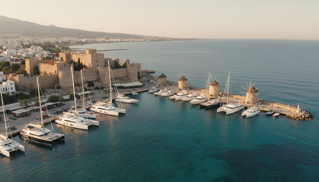 rhodos tipps: Mandraki Marina per Drohne Aerialaufnahme der Mandraki Marina in Rhodos mit mittelalterlichen Mauern, Yachten und türkisfarbenem Wasser – rhodos tipps